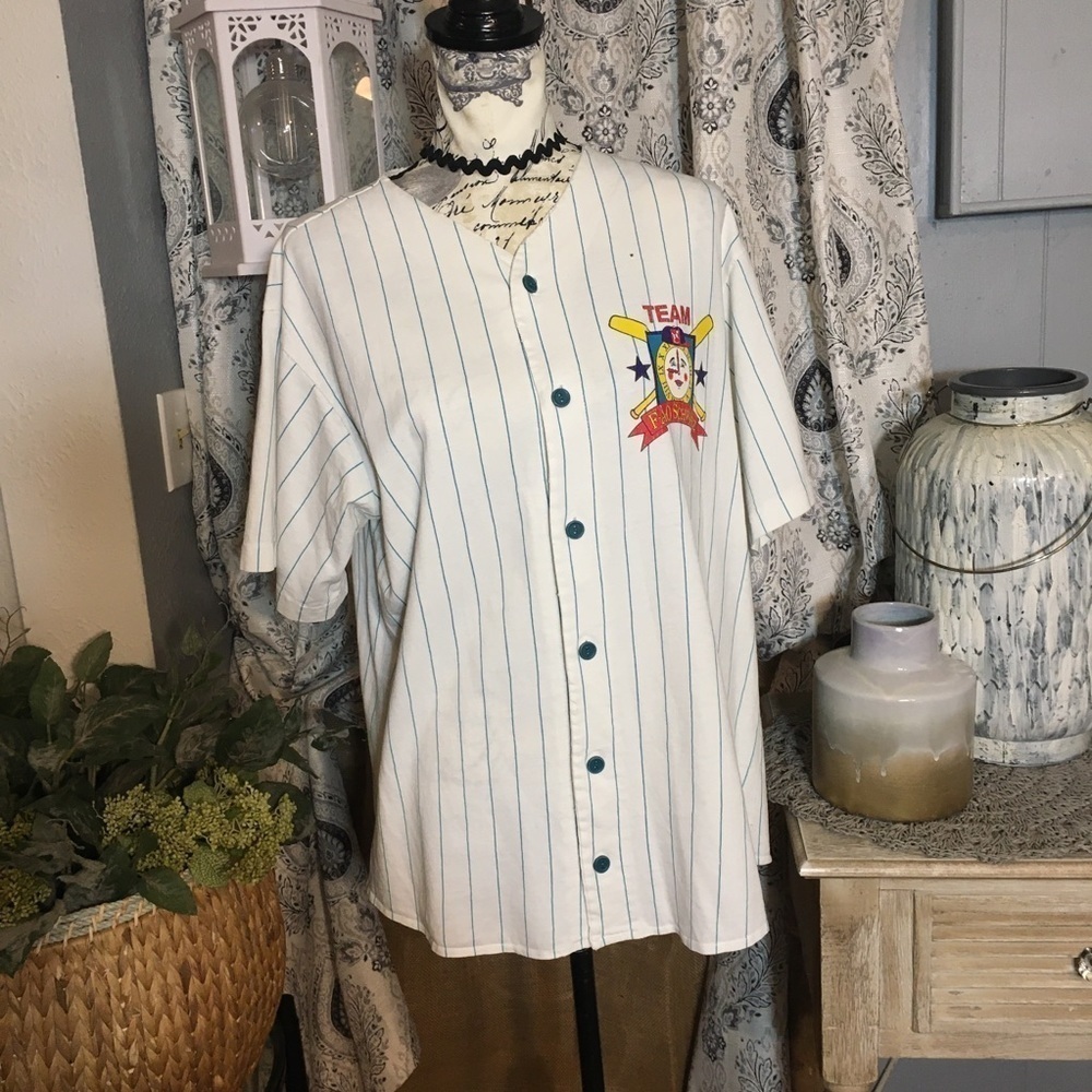 Vintage FAO SCHWARZ team FAO Schwarz pin striped baseball jersey inspired shirt. - Picture 2 of 10